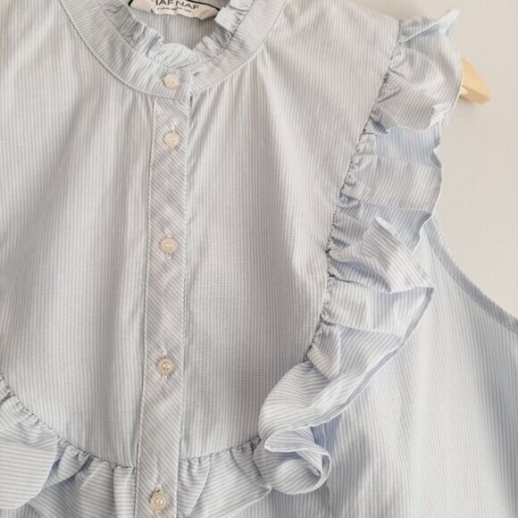NAF NAF France Ruffle Bib Collar Sleeveless Button Down Stripped Blouse Sz L - Picture 6 of 11